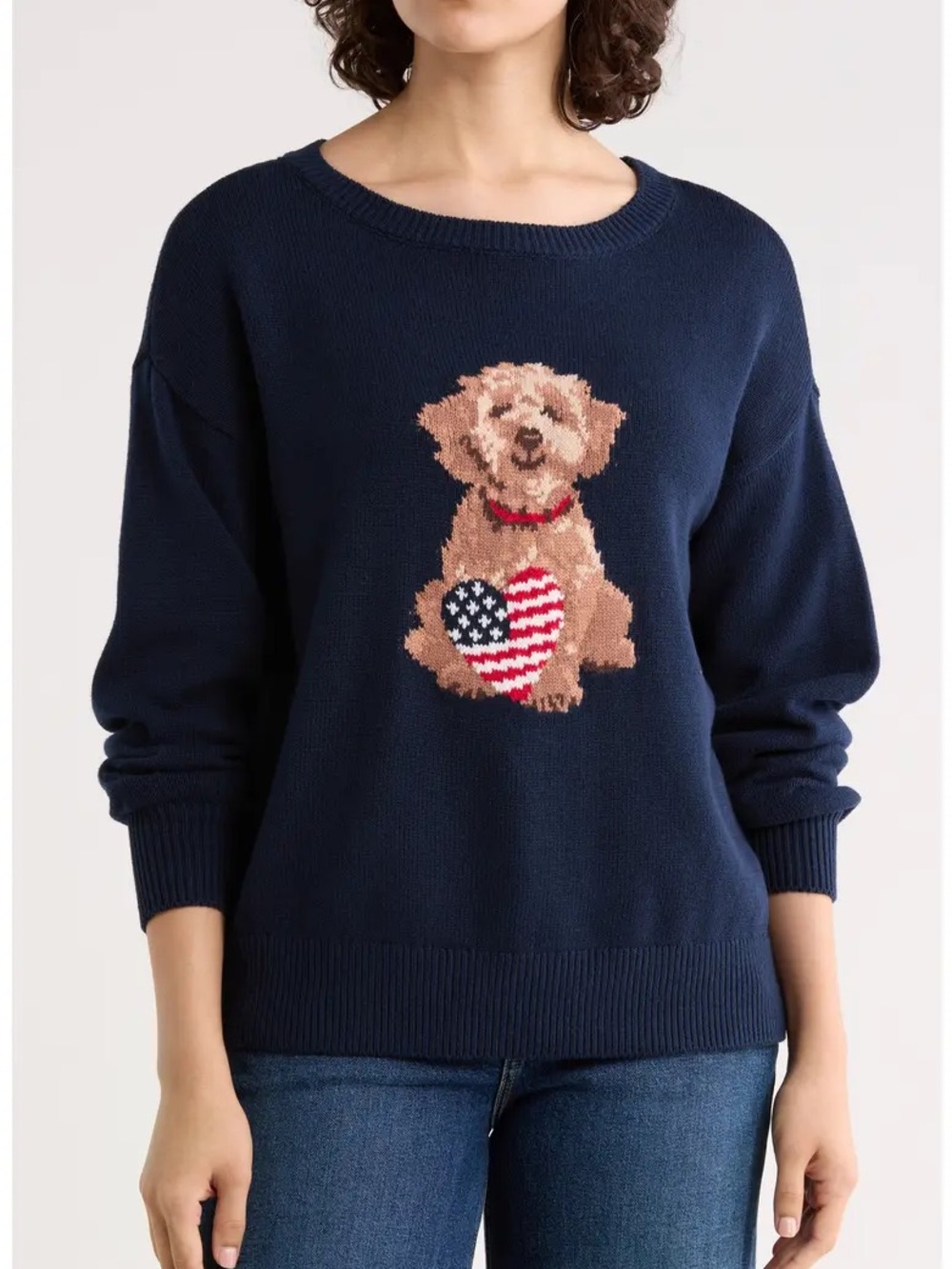 Tahari Navy Americana Dog Intarsia Sweater L